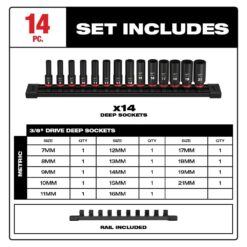 Milwaukee 49-66-7008 SHOCKWAVE 3/8 in. Drive Metric Deep Well 6 Point Impact Socket Set (14-Piece)