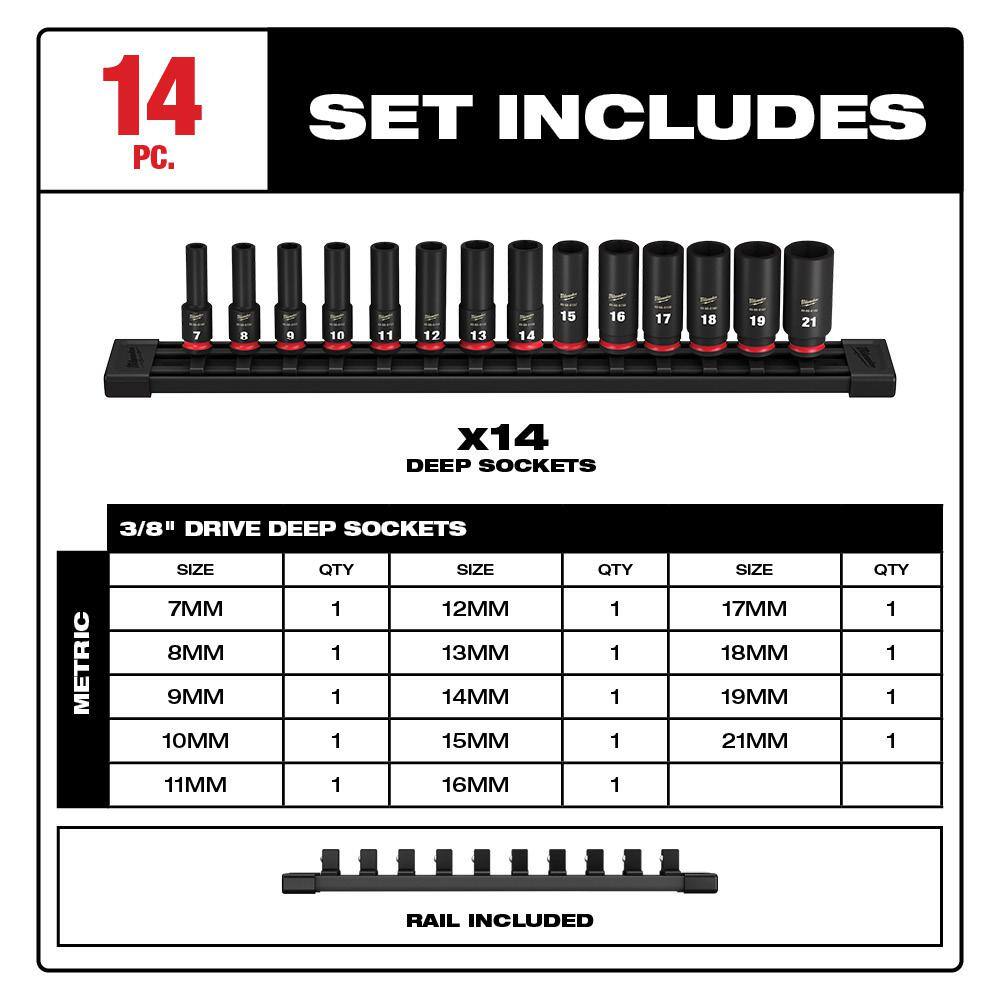 Milwaukee 49-66-7008 SHOCKWAVE 3/8 in. Drive Metric Deep Well 6 Point Impact Socket Set (14-Piece)