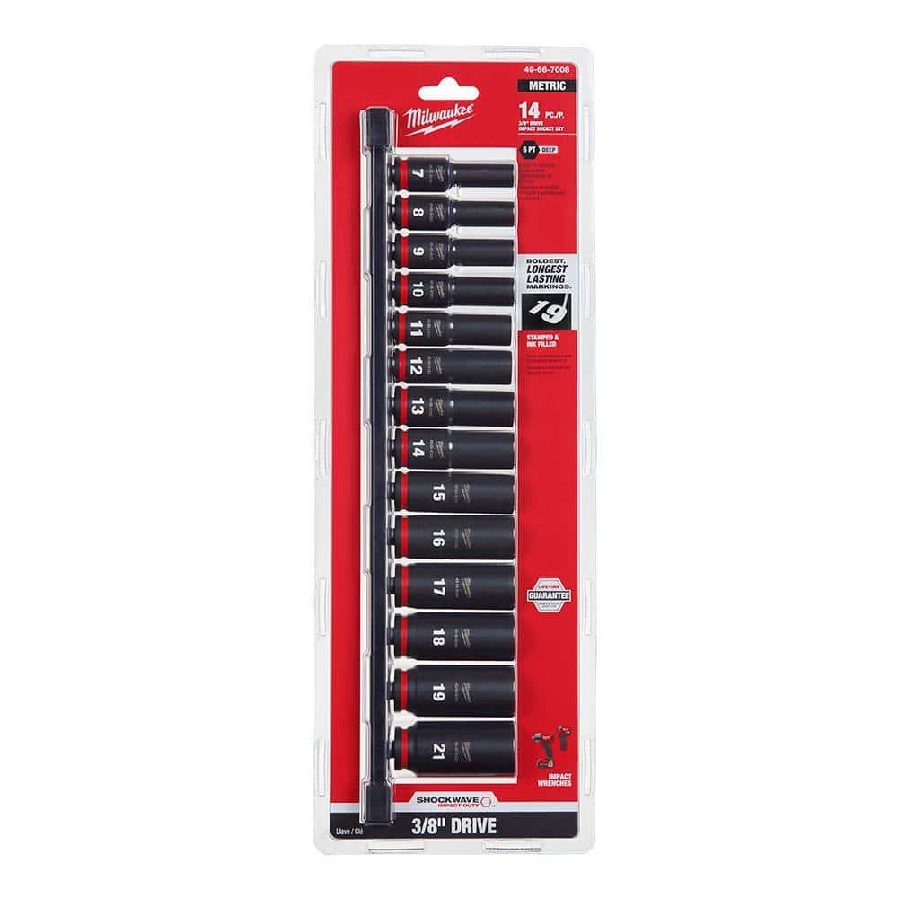 Milwaukee 49-66-7008 SHOCKWAVE 3/8 in. Drive Metric Deep Well 6 Point Impact Socket Set (14-Piece)