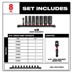 Milwaukee 49-66-7021 SHOCKWAVE Impact Duty 3/8 in. Metric Deep Impact Rated Socket Set (8-Piece)