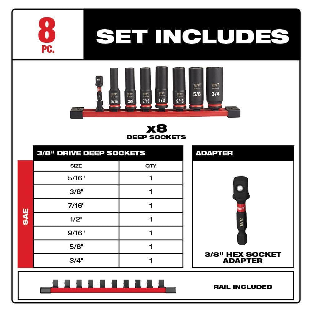Milwaukee 49-66-7024 SHOCKWAVE Impact Duty 3/8 in. SAE Deep Impact Rated Socket Set (8-Piece)