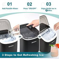 EUHOMY Countertop Ice Maker, Fresh Ice in 6 Minutes - 26 Lbs Daily, Portable, Auto-Cleaning (Black)