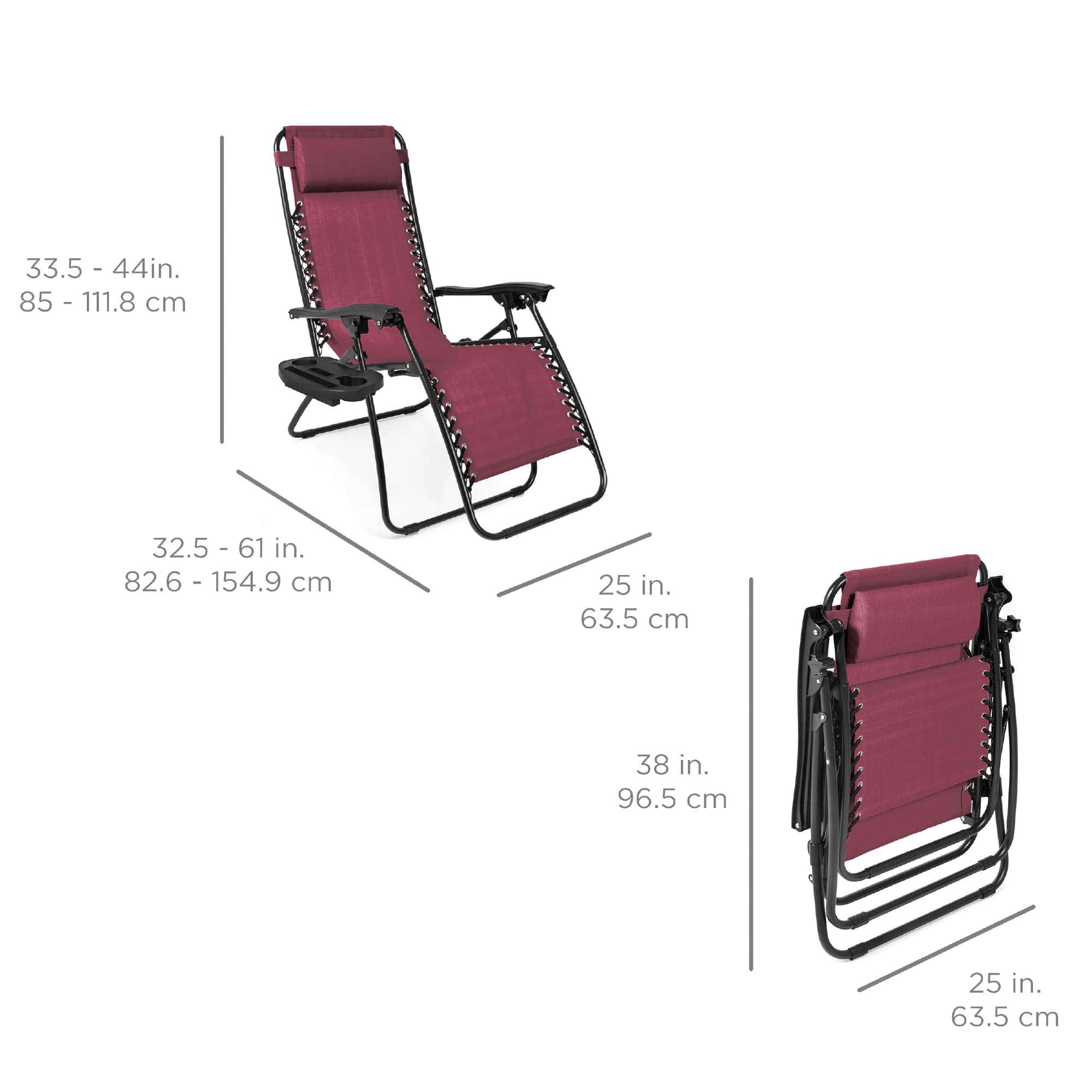 Best Choice Products Set of 2 Adjustable Steel Mesh Zero Gravity Lounge Chair Recliners w/Pillows and Cup Holder Trays - Burgundy