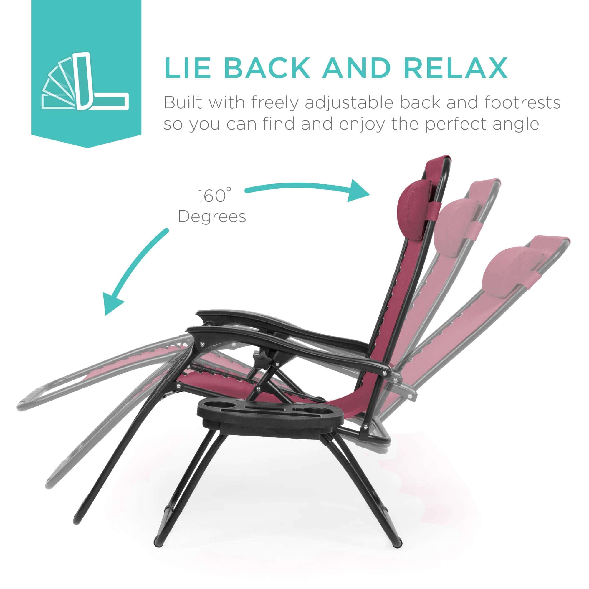 Best Choice Products Set of 2 Adjustable Steel Mesh Zero Gravity Lounge Chair Recliners w/Pillows and Cup Holder Trays - Burgundy