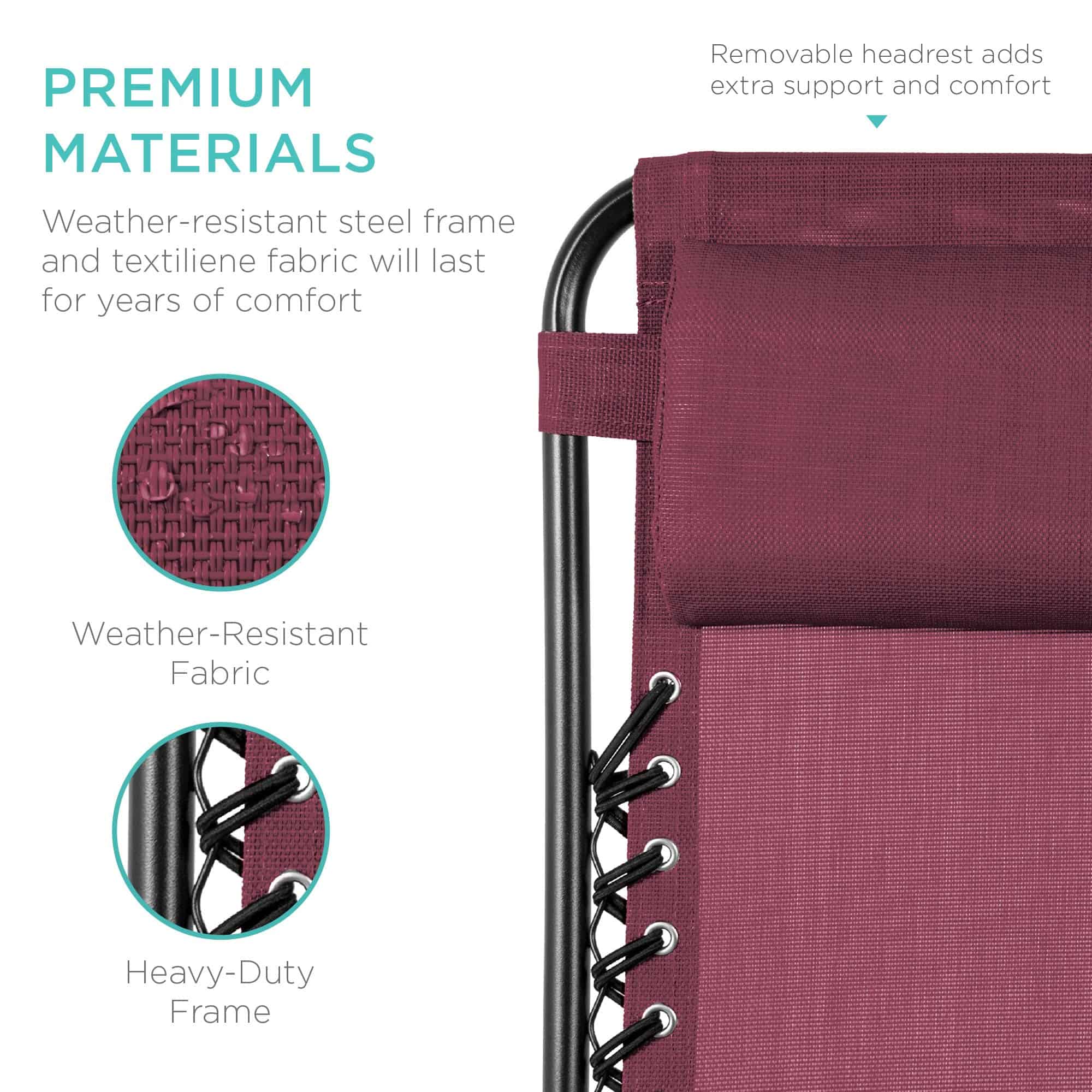 Best Choice Products Set of 2 Adjustable Steel Mesh Zero Gravity Lounge Chair Recliners w/Pillows and Cup Holder Trays - Burgundy