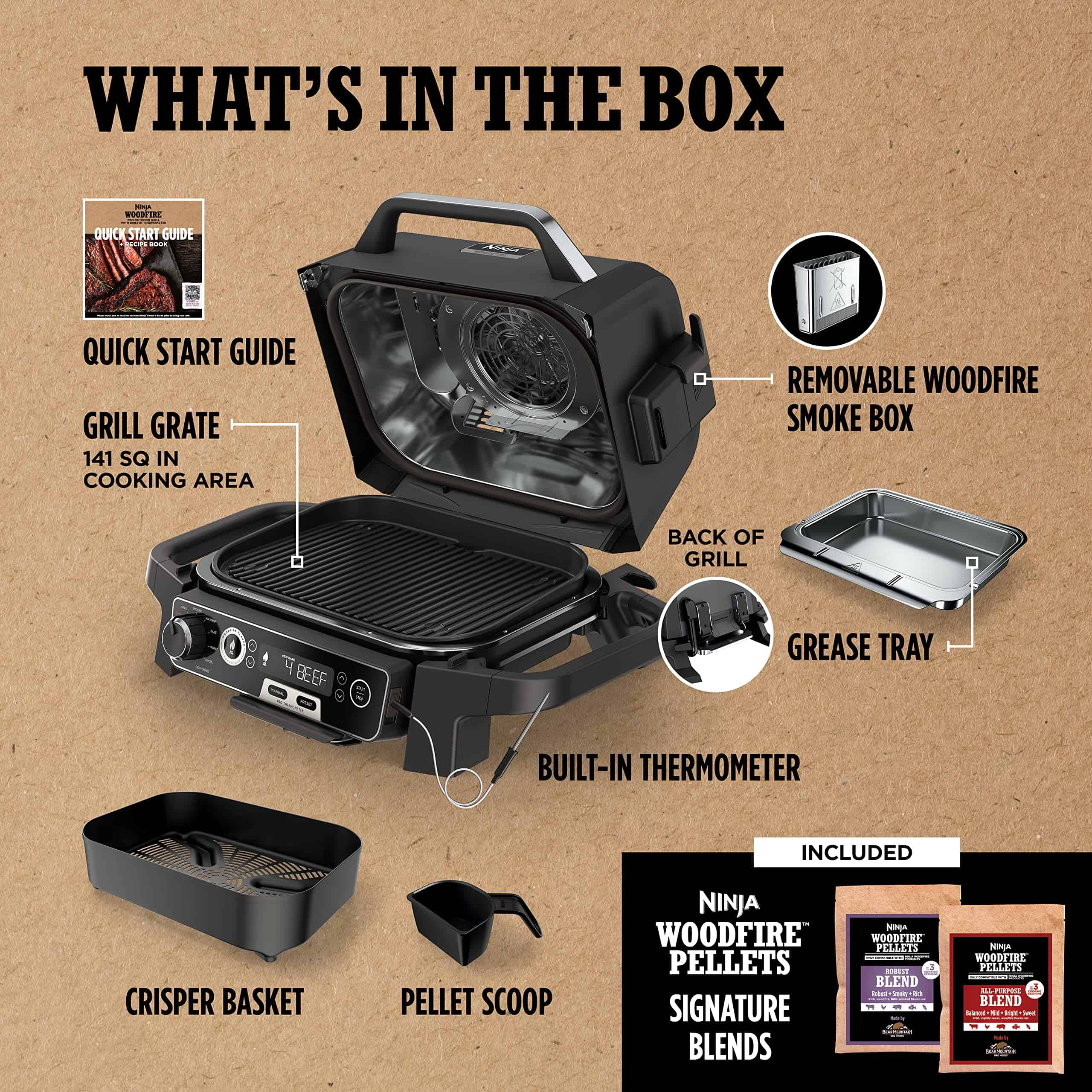 Ninja OG751BRN Woodfire Pro 7-in-1 Grill & Smoker - Portable Electric Outdoor Grill, Grey