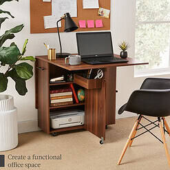 Best Choice Products Multipurpose Folding Table w/ Built-in Wheels, 3 Storage Shelves, Cubby, Carrying Handle - Brown