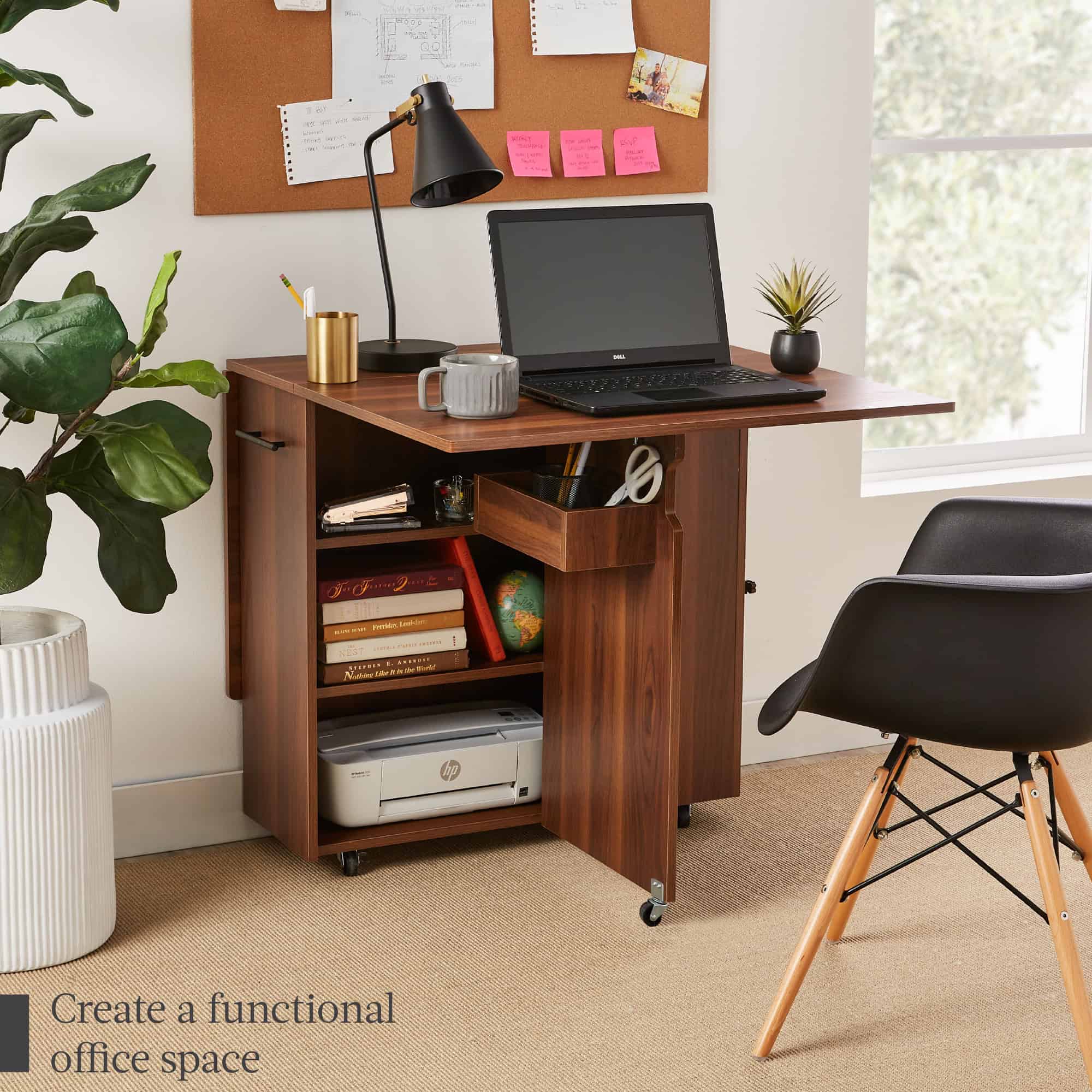 Best Choice Products Multipurpose Folding Table w/ Built-in Wheels, 3 Storage Shelves, Cubby, Carrying Handle - Brown