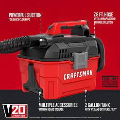 CRAFTSMAN V20 35-CFM 20-volt Max 2-Gallons Cordless Wet/Dry Shop Vacuum with Accessories Included (Bare Tool)