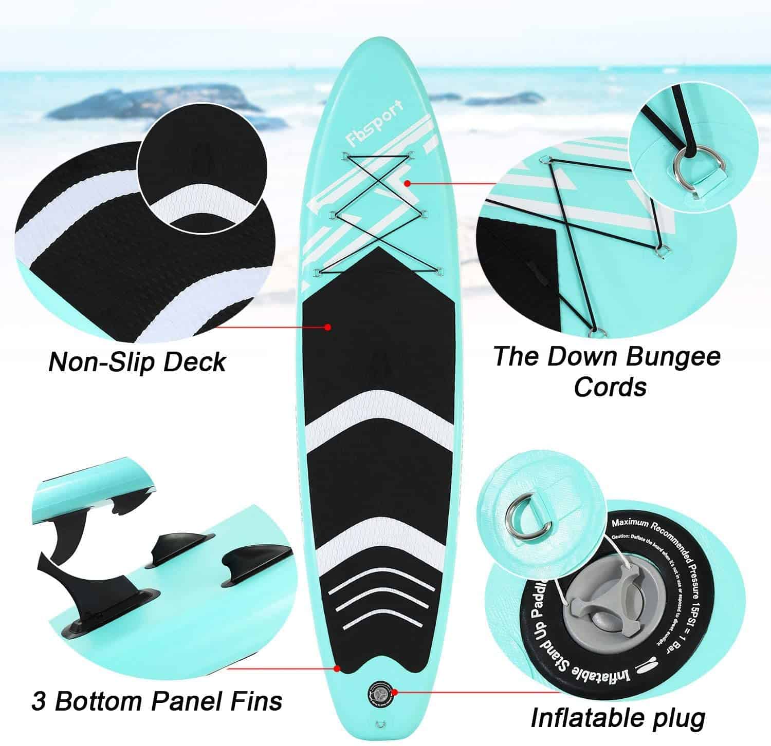 FBsport 10 Ft. Brushed Thickening Inflatable Stand up Paddle Board, Surf Control, Non-Slip Deck, Green