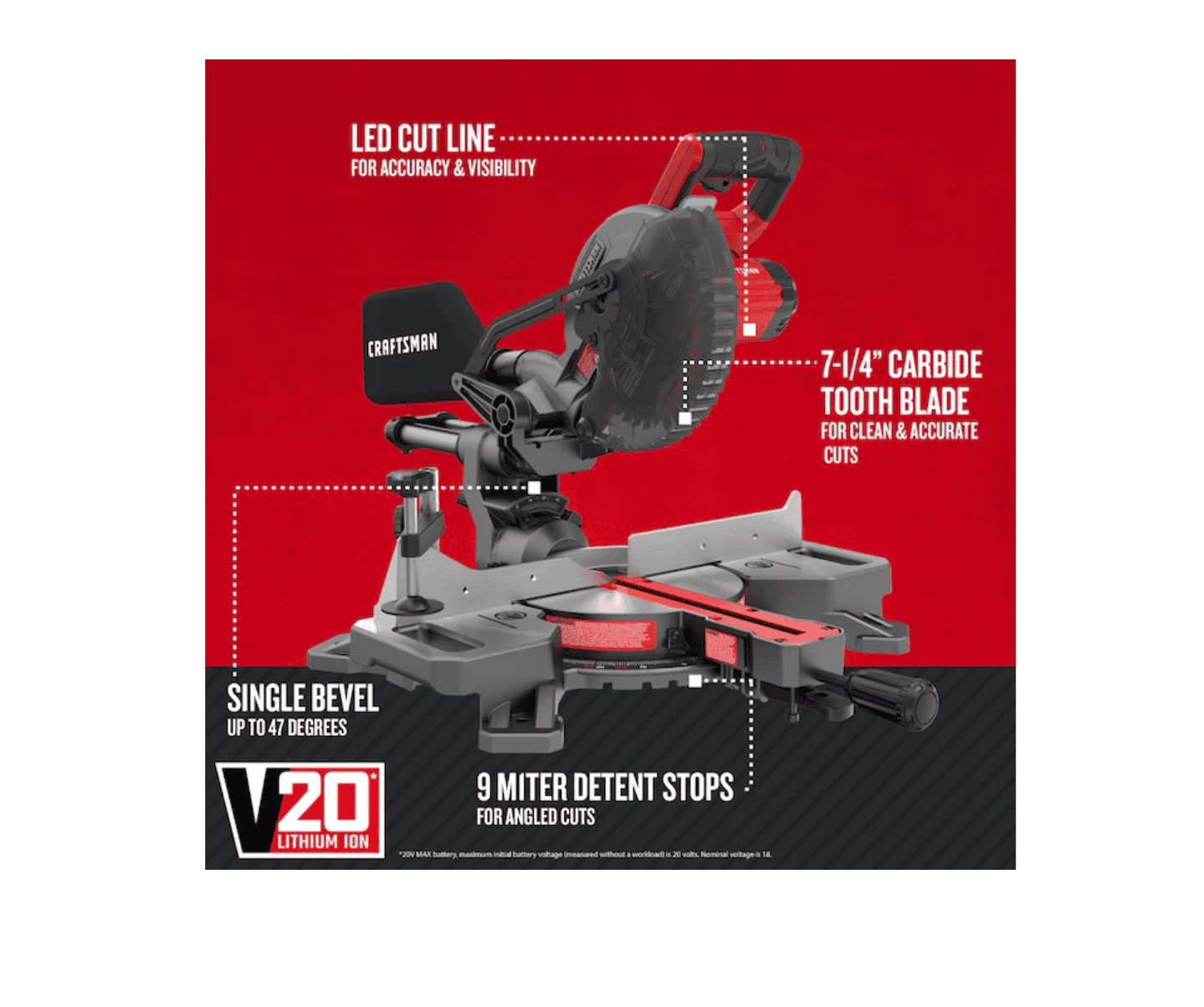 CRAFTSMAN Miter Saw CMCS714M1 V20 7-1/4-in 20-Volt Max Single Bevel Sliding Compound Cordless