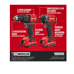 CRAFTSMAN CMCK210C2 V20 2-Tool 20-Volt Max Brushless Power Tool Combo Kit with Soft Case (2-Batteries Included and Charger Included)