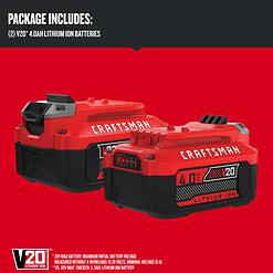 CRAFTSMAN V20 20-Volt 2-Pack 4 Amp-Hour; 4 Amp-Hour Lithium Power Tool Battery