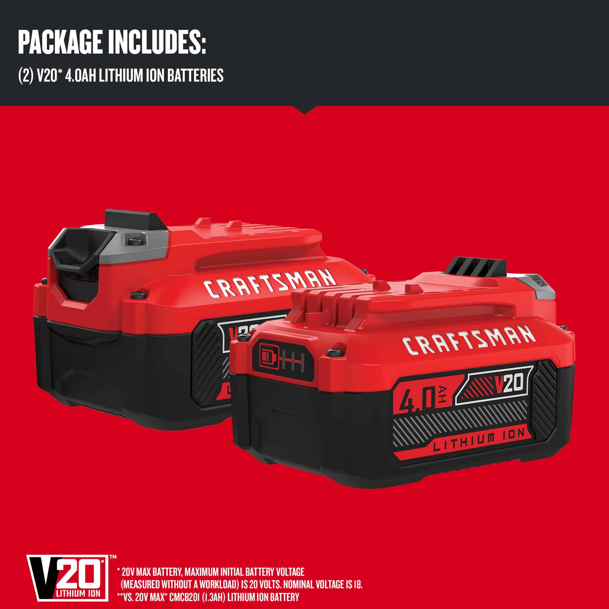 CRAFTSMAN V20 20-Volt 2-Pack 4 Amp-Hour; 4 Amp-Hour Lithium Power Tool Battery