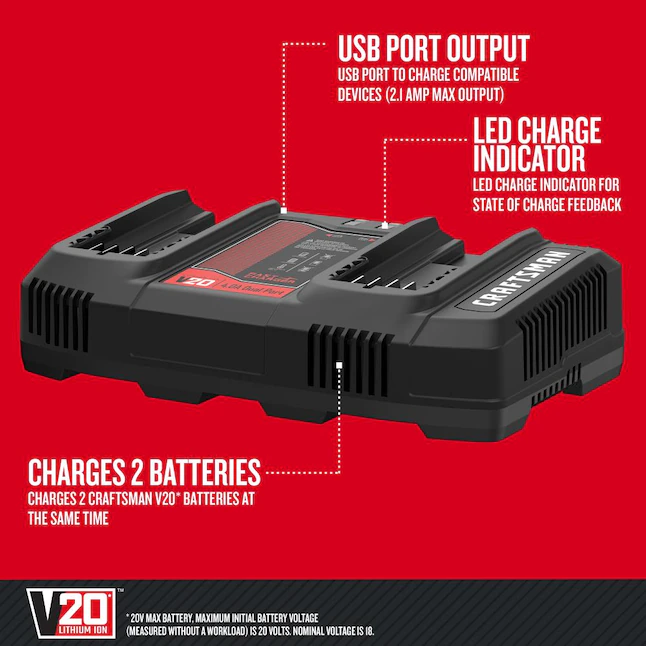 CRAFTSMAN 20V MAX Battery Charger, Dual Port, 2.0-Ah (CMCB124)