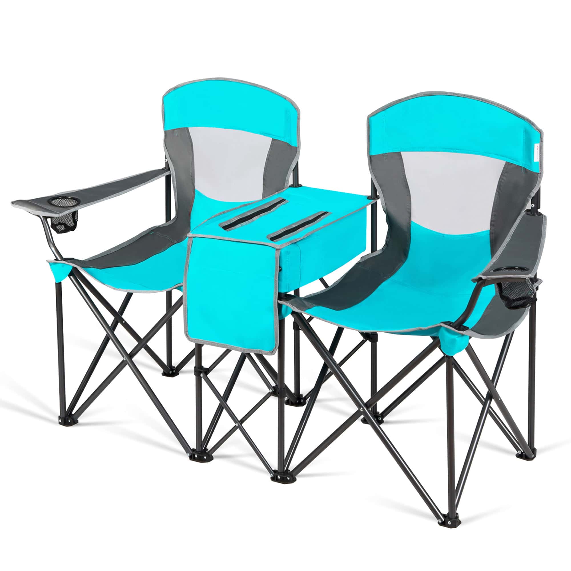 Gymax Folding 2-person Camping Chairs Double Sunshade Chairs w/ Canopy Turquoise, Adult