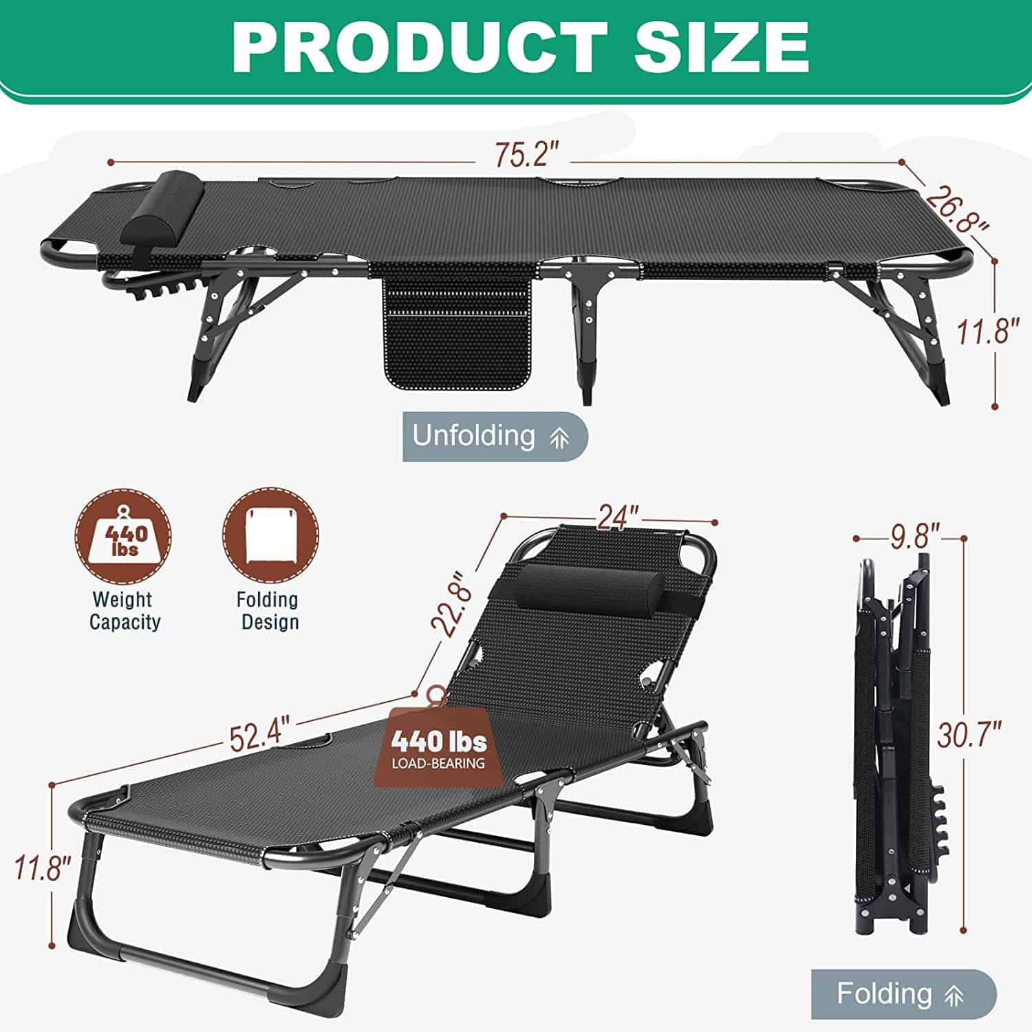 Slsy 4-Fold Portable Sleeping Cots Bed with 2 Sided Mattress & Pillow, Adjustable 4-Position Folding Lounge Chair, Folding Camping Cot