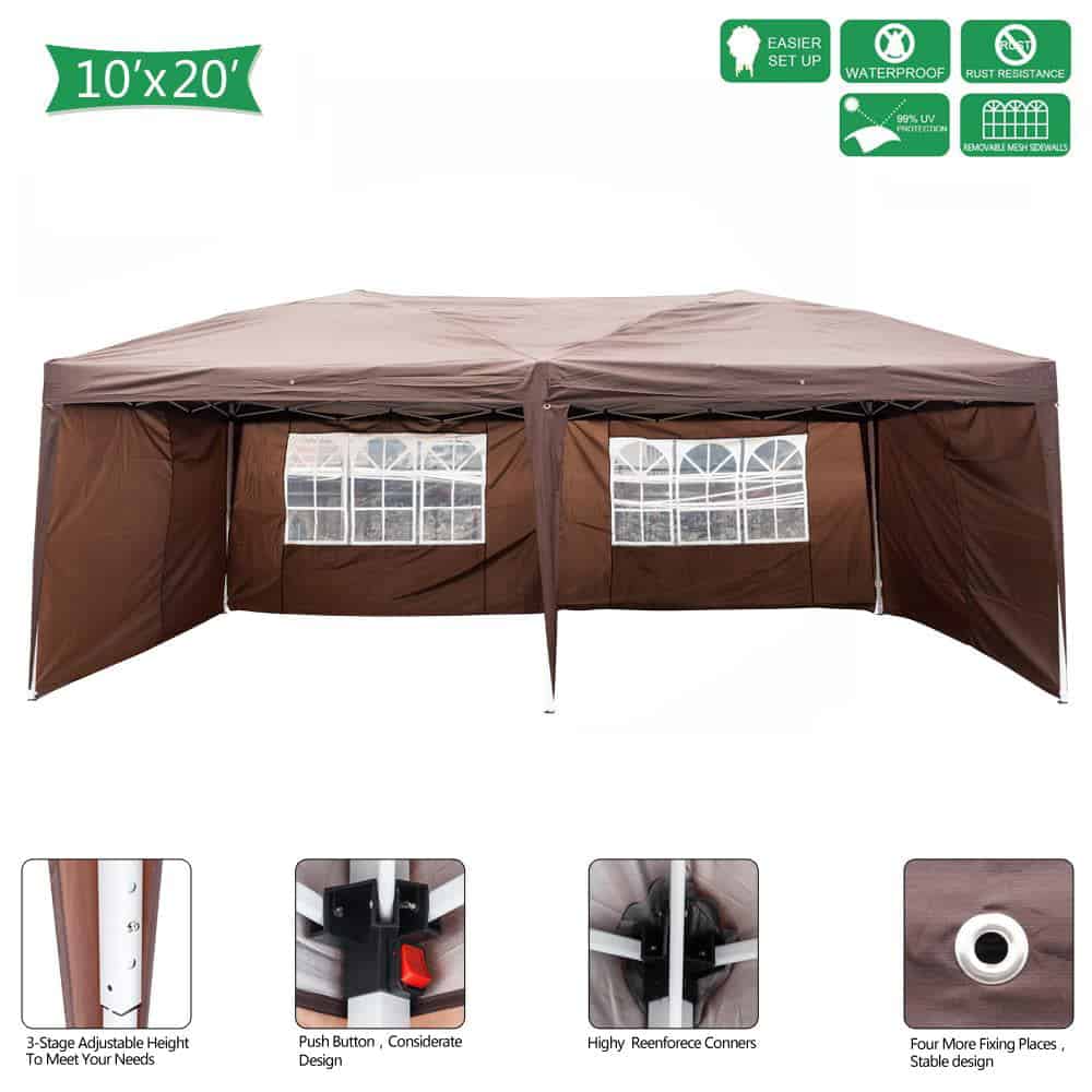 UBesGoo Easy Pop Up Canopy Party Tent, Coffee Brown with 4 Removable Sidewalls 10-Feet x 20-Feet