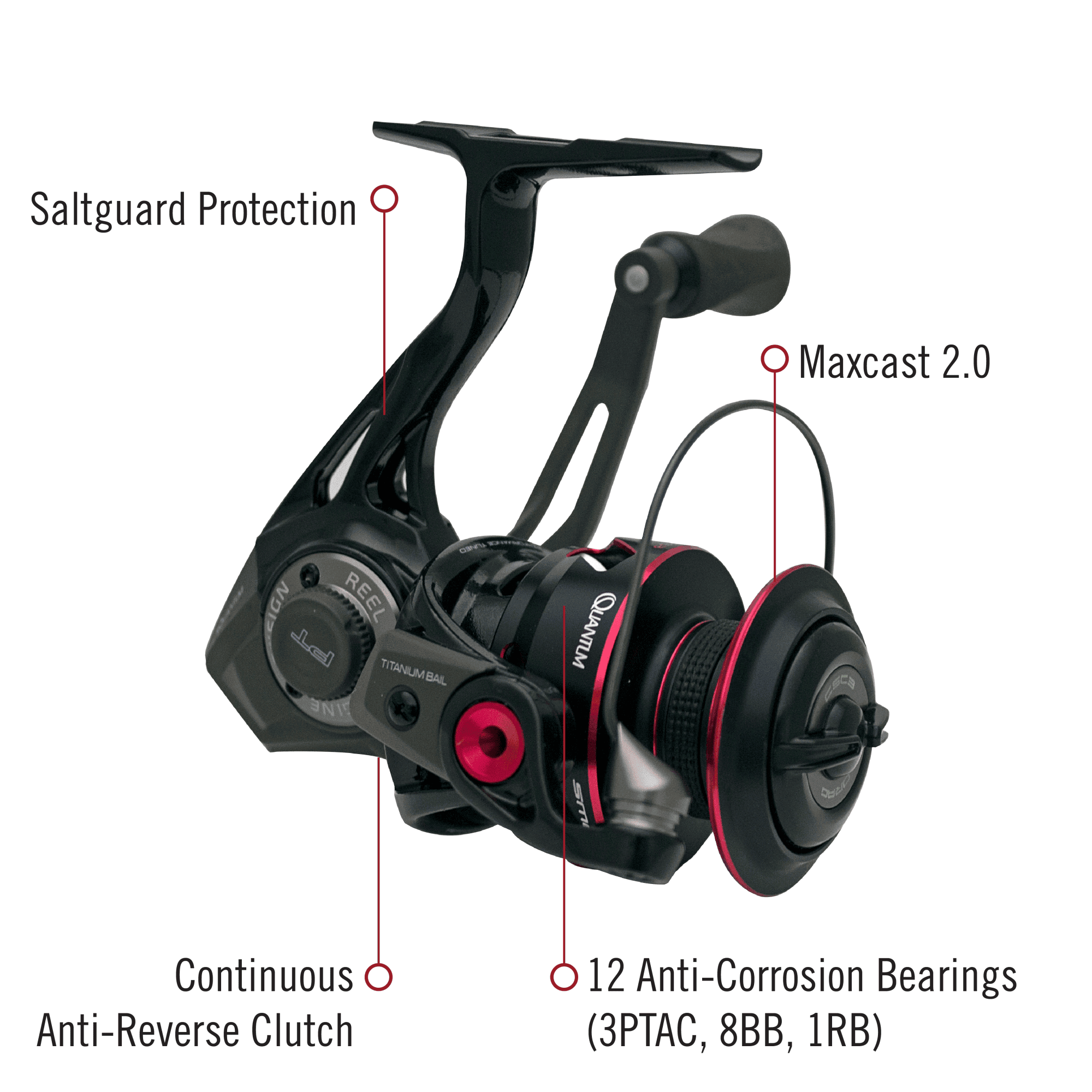 Quantum Smoke Spinning Fishing Reel, Size 30 Reel, Changeable Right- or Left-Hand Retrieve, Continuous Anti-Reverse Clutch with NiTi Indestructible Bail, SCR Alloy Frame, 6.0:1 Gear Ratio, Black
