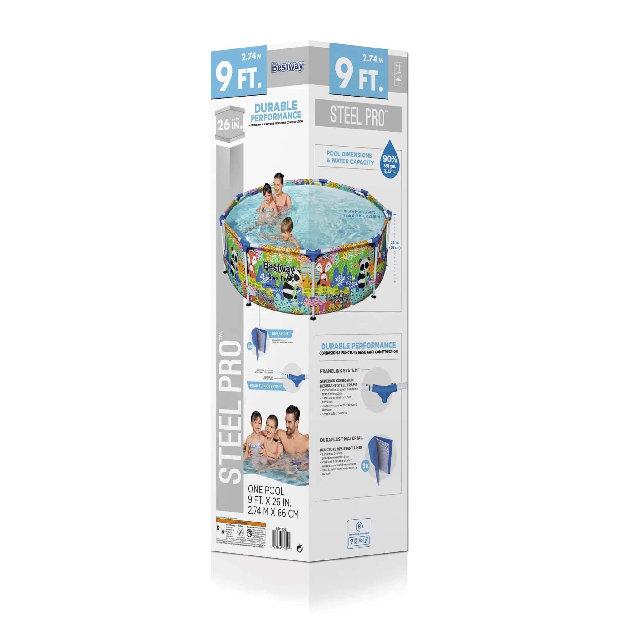 Bestway Steel Pro 9' x 26" Above Ground Round Outdoor Swimming Pool, Panda Print