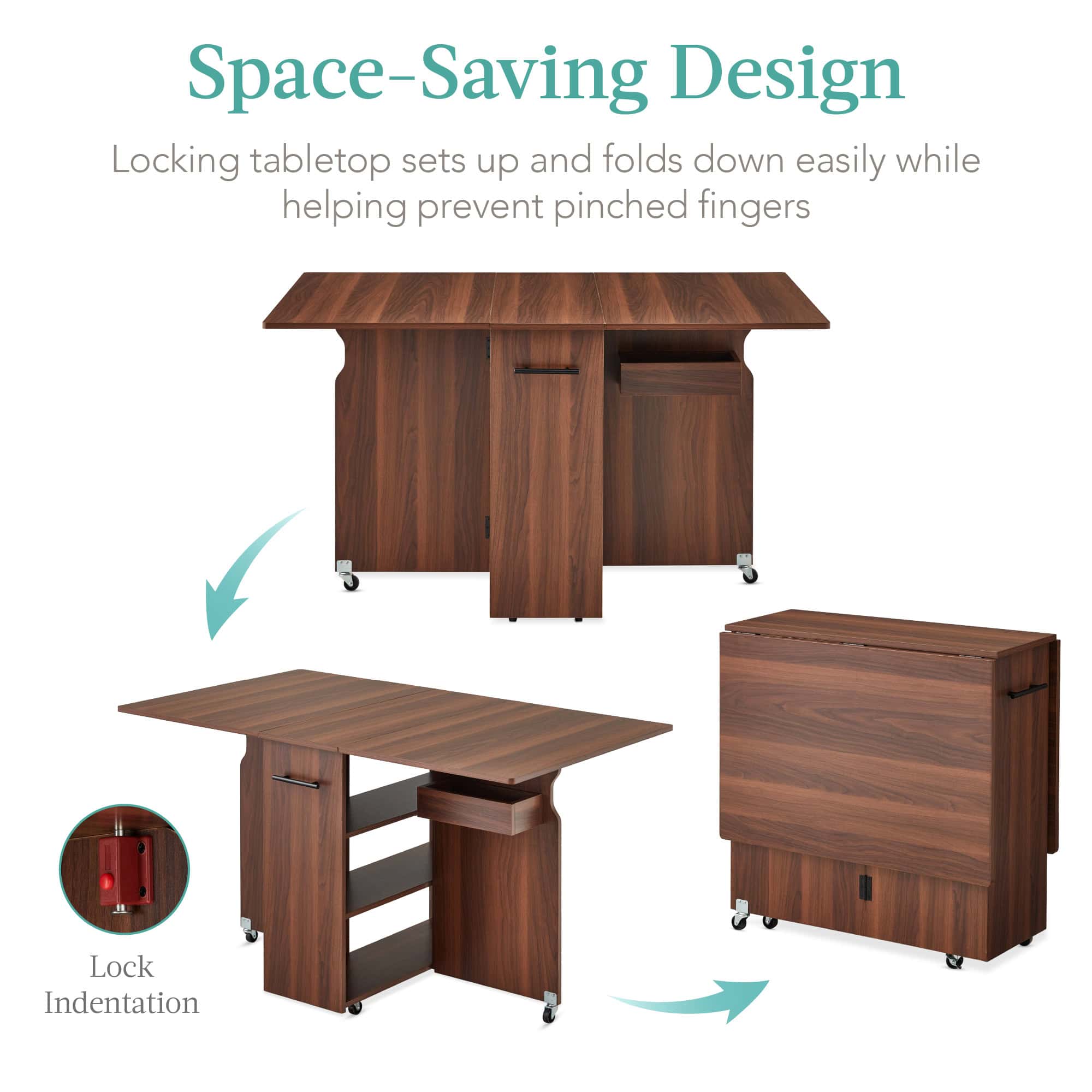 Best Choice Products Multipurpose Folding Table w/ Built-in Wheels, 3 Storage Shelves, Cubby, Carrying Handle - Brown