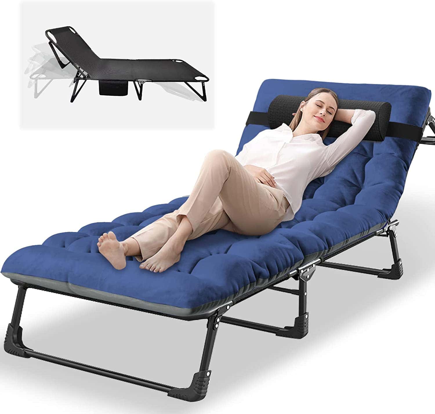 Slsy 4-Fold Portable Sleeping Cots Bed with 2 Sided Mattress & Pillow, Adjustable 4-Position Folding Lounge Chair, Folding Camping Cot