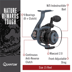 Quantum Smoke X Spinning Fishing Reel, Size 15 Reel, Changeable Right- or Left-Hand Retrieve, Continuous Anti-Reverse Clutch with NiTi Indestructible Bail, SCR Alloy Frame, 5.7:1 Gear Ratio, Blue