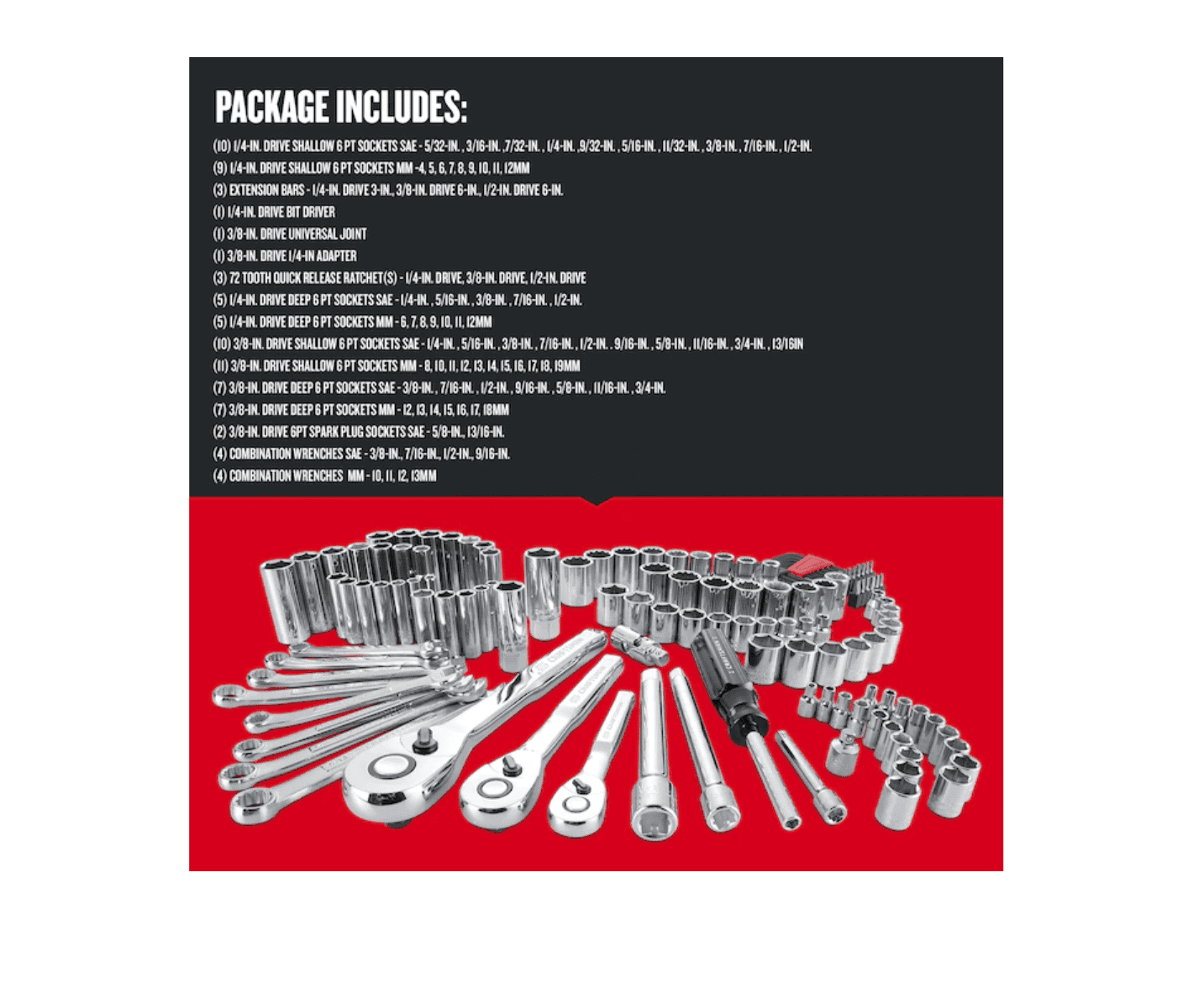 CRAFTSMAN CMMT12024 135-Piece Standard (SAE) and Metric Combination Polished Chrome Mechanics Tool Set (1/4-in; 3/8-in; 1/2-in;)