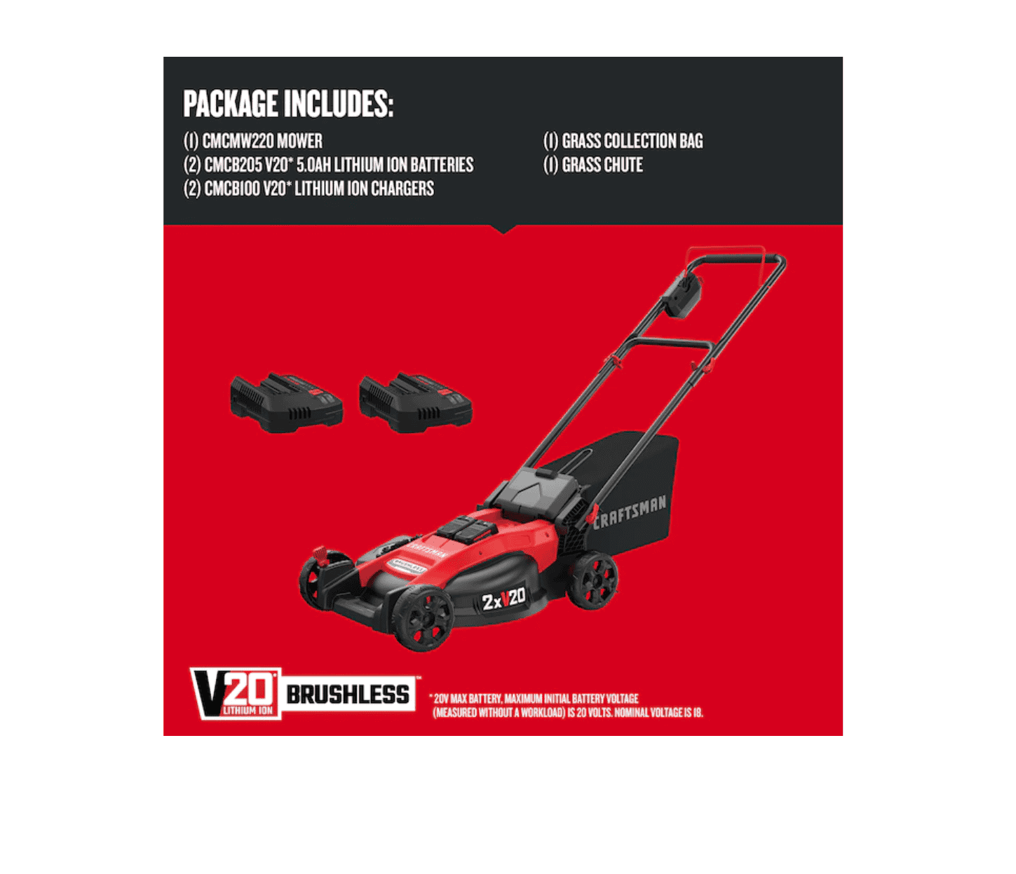 CRAFTSMAN CMCMW220P2 V20 20-volt Max Brushless 20-in Push Cordless Electric Lawn Mower 5 Ah (Battery & Charger Included)