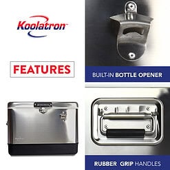 Koolatron Stainless Steel Ice Chest Beverage Cooler with Bottle Opener 51 L / 54 Quart 85 Can Capacity for Camping, Beach, RV, BBQs, Tailgating, Fishing