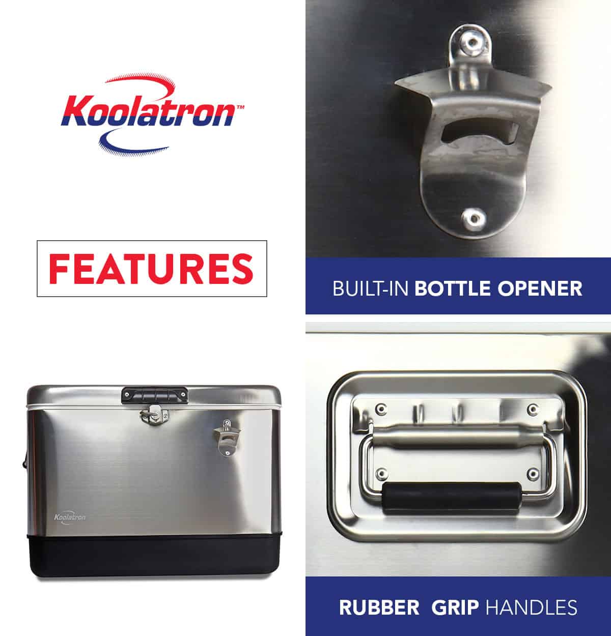Koolatron Stainless Steel Ice Chest Beverage Cooler with Bottle Opener 51 L / 54 Quart 85 Can Capacity for Camping, Beach, RV, BBQs, Tailgating, Fishing