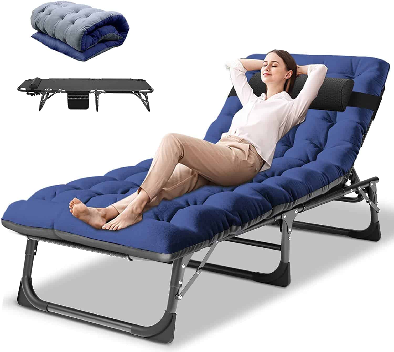 Slsy 4-Fold Portable Sleeping Cots Bed with 2 Sided Mattress & Pillow, Adjustable 4-Position Folding Lounge Chair, Folding Camping Cot