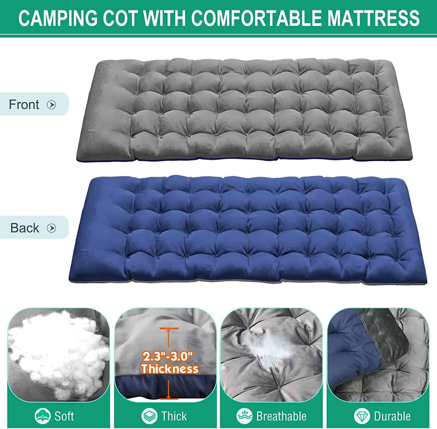 Slsy 4-Fold Portable Sleeping Cots Bed with 2 Sided Mattress & Pillow, Adjustable 4-Position Folding Lounge Chair, Folding Camping Cot
