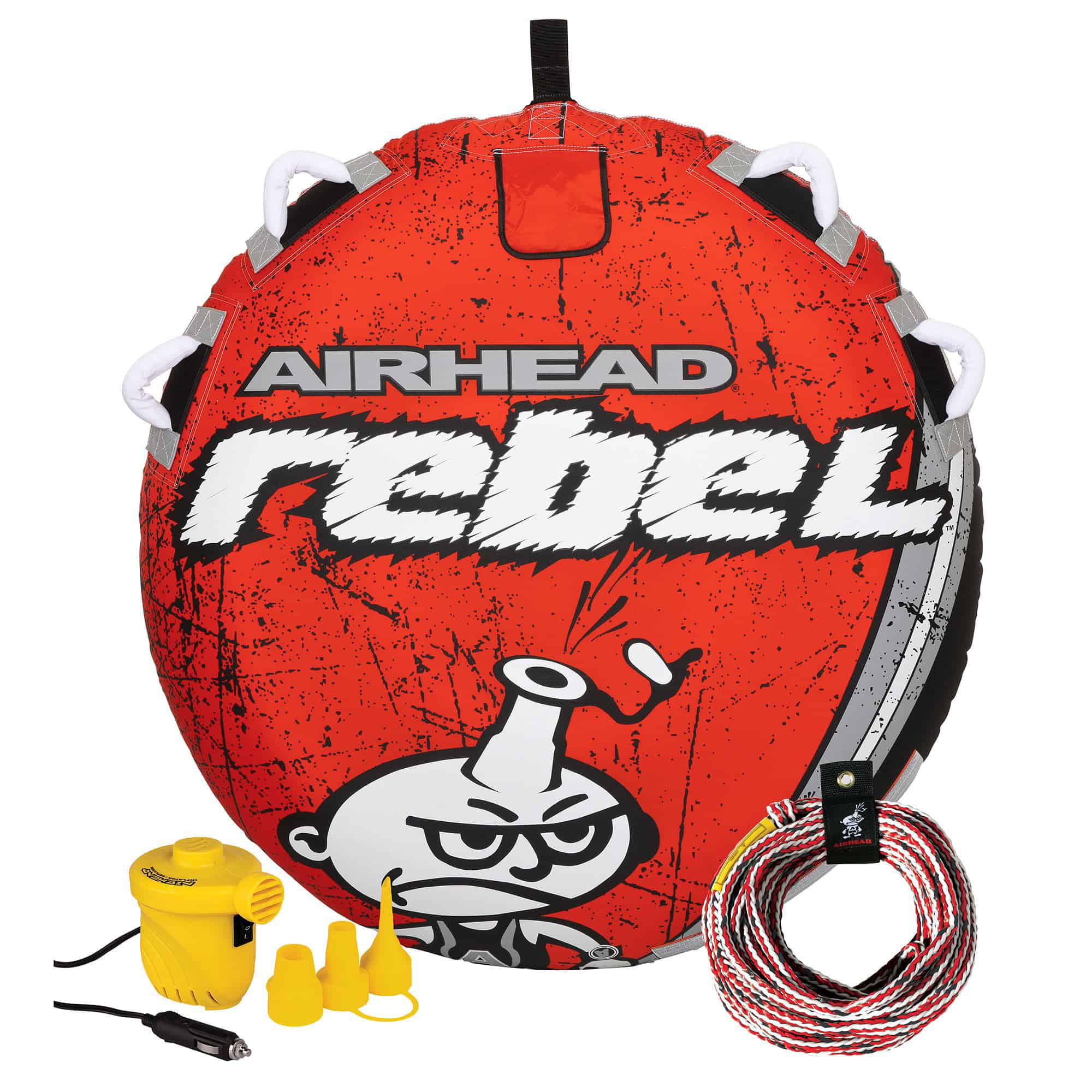 Airhead Rebel 54 In. 1 Person Durable Red Towable Tube Kit with Rope and 12V Pump