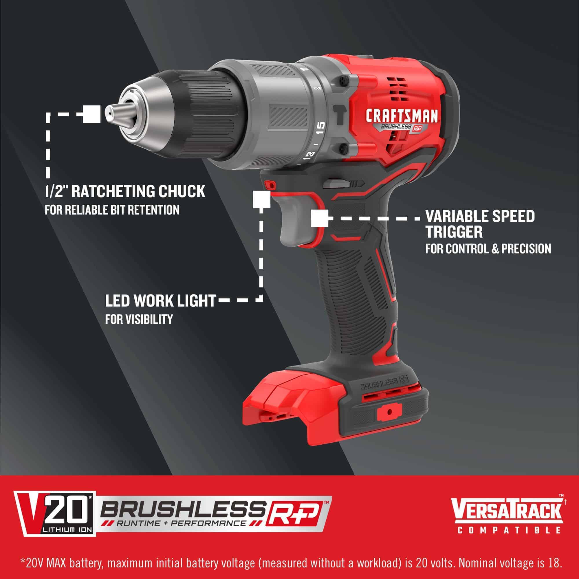 CRAFTSMAN V20 RP 1/2-in 20-volt Max-Amp Variable Speed Brushless Cordless Hammer Drill(Bare Tool)