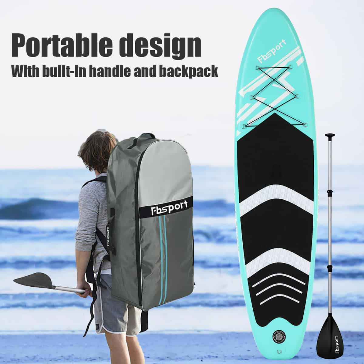 FBsport 10 Ft. Brushed Thickening Inflatable Stand up Paddle Board, Surf Control, Non-Slip Deck, Green