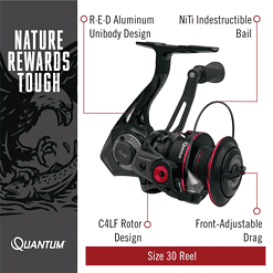 Quantum Smoke Spinning Fishing Reel, Size 30 Reel, Changeable Right- or Left-Hand Retrieve, Continuous Anti-Reverse Clutch with NiTi Indestructible Bail, SCR Alloy Frame, 6.0:1 Gear Ratio, Black