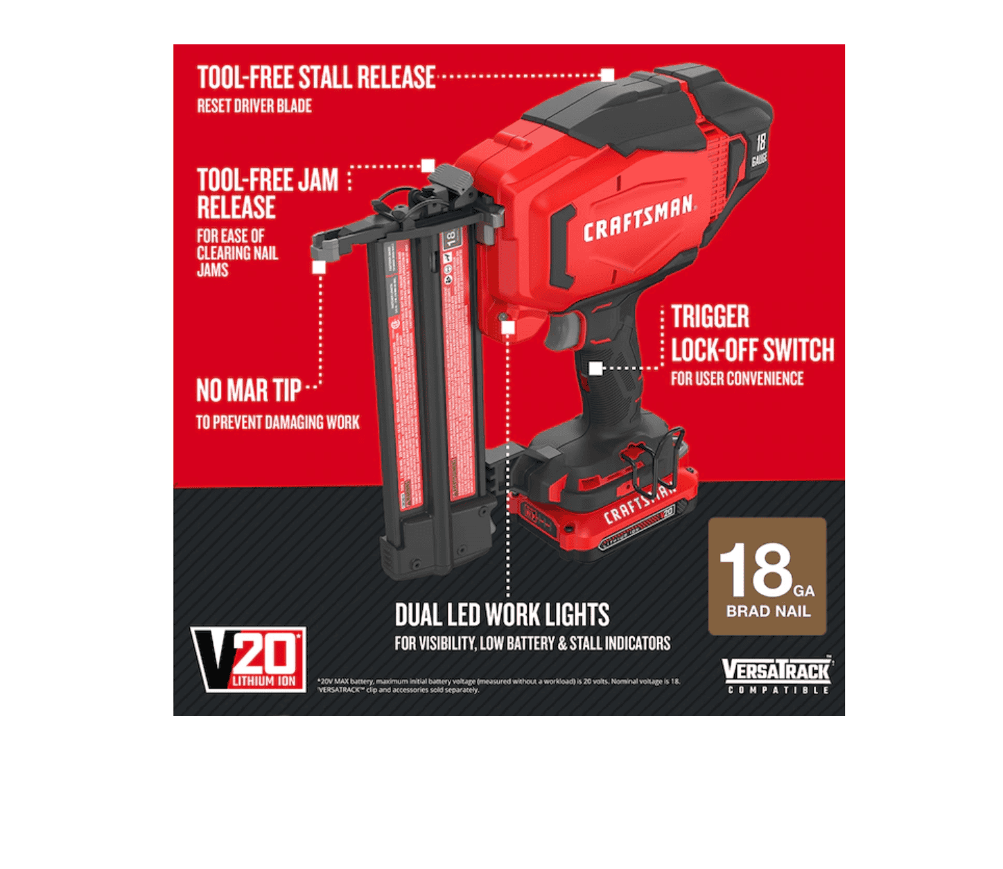 CRAFTSMAN CMCN618C1 V20 18-Gauge 20-volt Max Cordless Brad Nailer