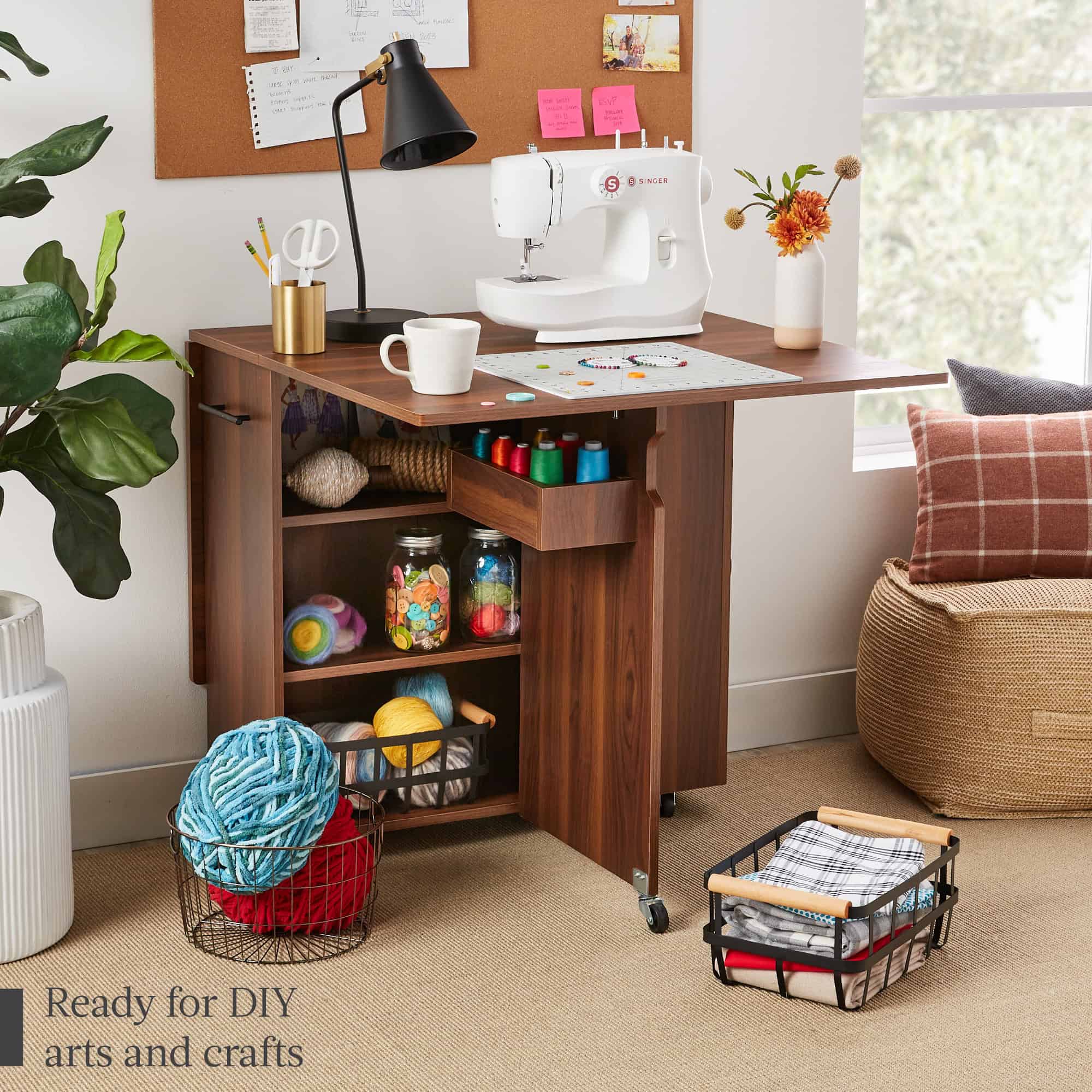 Best Choice Products Multipurpose Folding Table w/ Built-in Wheels, 3 Storage Shelves, Cubby, Carrying Handle - Brown