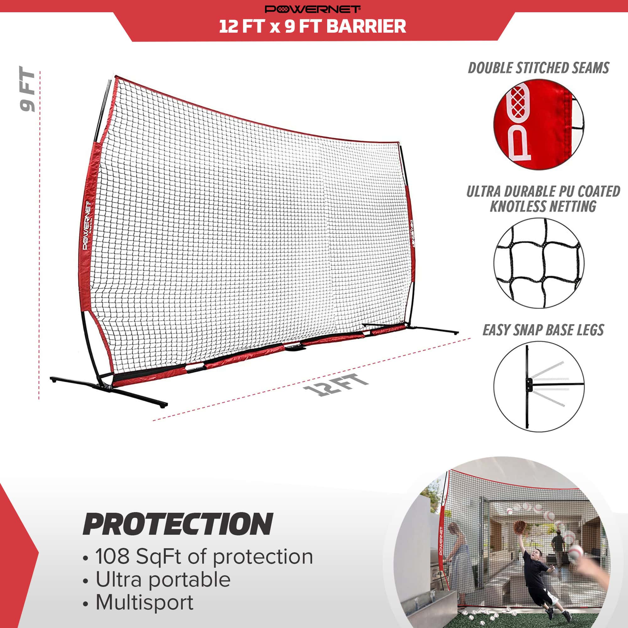 PowerNet 12x9 Ft Sports Barrier Net for Player and Property Protection (1021)