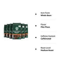 Starbucks Whole Bean Coffee, Medium Roast Coffee, Pike Place Roast, 6 bags (12 oz each)