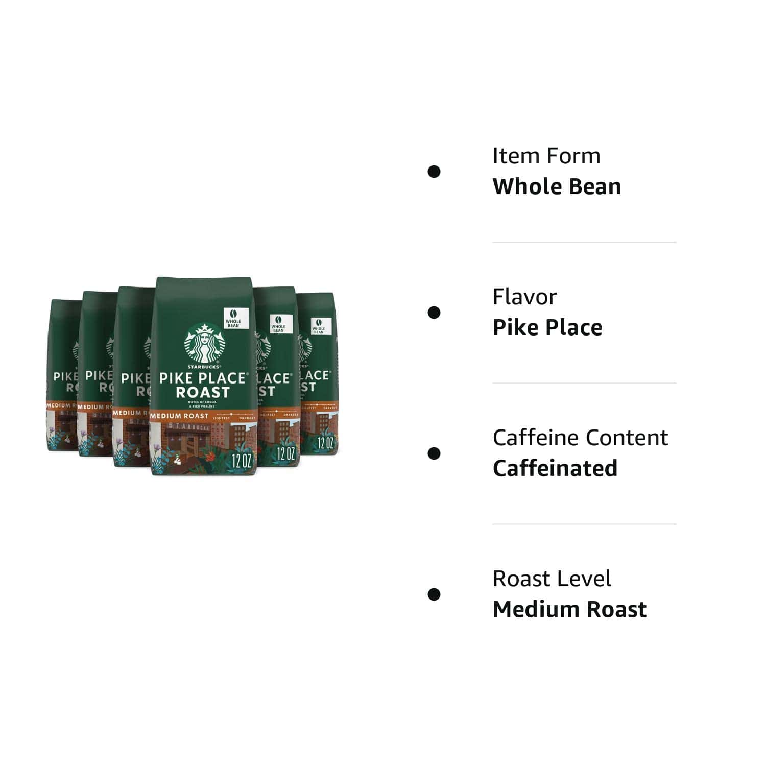 Starbucks Whole Bean Coffee, Medium Roast Coffee, Pike Place Roast, 6 bags (12 oz each)