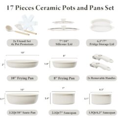 Bazova Ceramic Nonstick Cookware Set, Healthy, Non Toxic,17-Pieces Pots and Pans Set Removable Handles, Cream White
