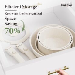 Bazova Ceramic Nonstick Cookware Set, Healthy, Non Toxic,17-Pieces Pots and Pans Set Removable Handles, Cream White