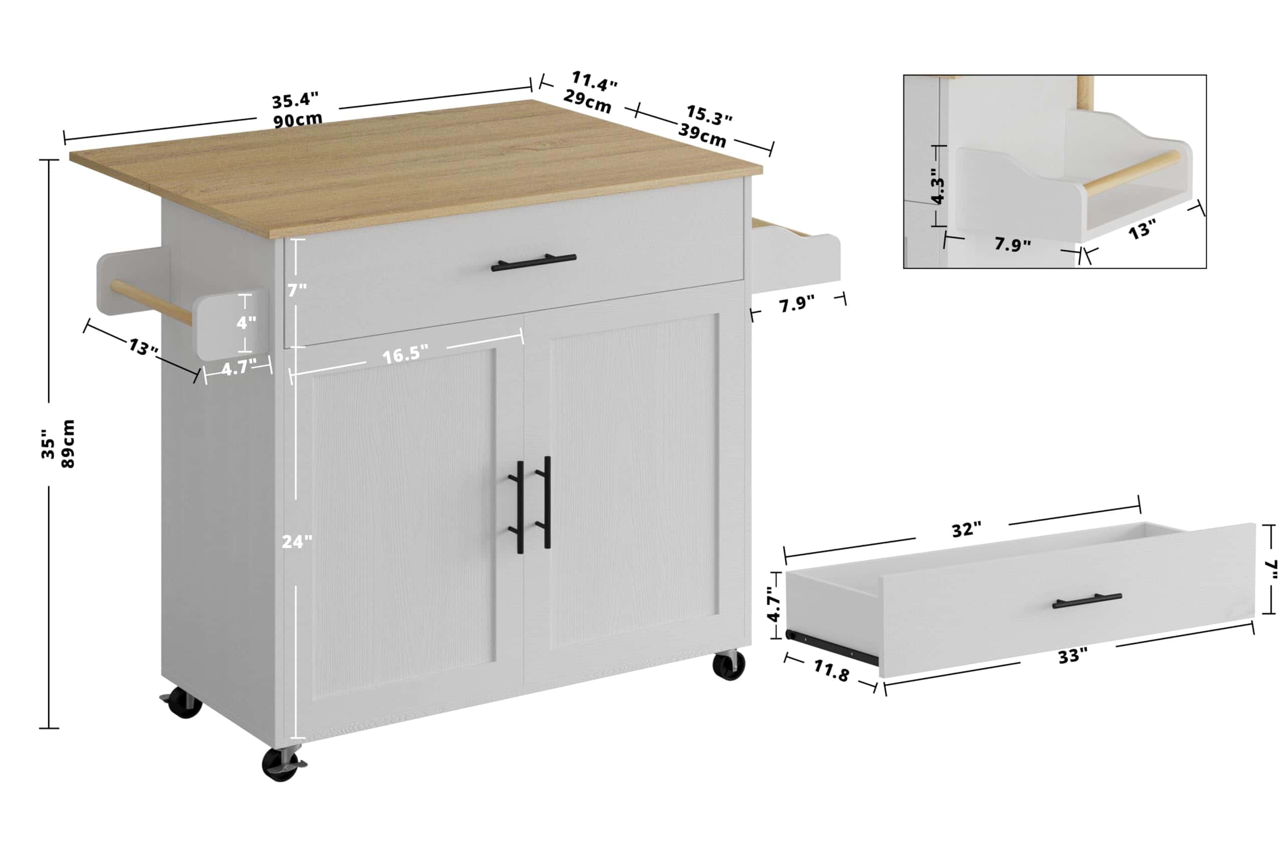 IRONCK Rolling Kitchen Island Table on Wheels, White