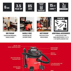 CRAFTSMAN 9 Value Added Accessories 6-Gallons 3.5-HP Corded Wet/Dry Shop Vacuum with Accessories Included