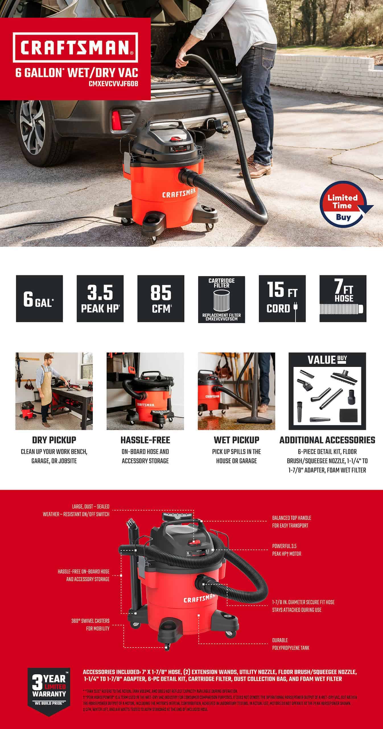 CRAFTSMAN 9 Value Added Accessories 6-Gallons 3.5-HP Corded Wet/Dry Shop Vacuum with Accessories Included
