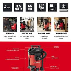CRAFTSMAN 4-Gallons 3.5-HP Corded Wet/Dry Shop Vacuum with Accessories Included