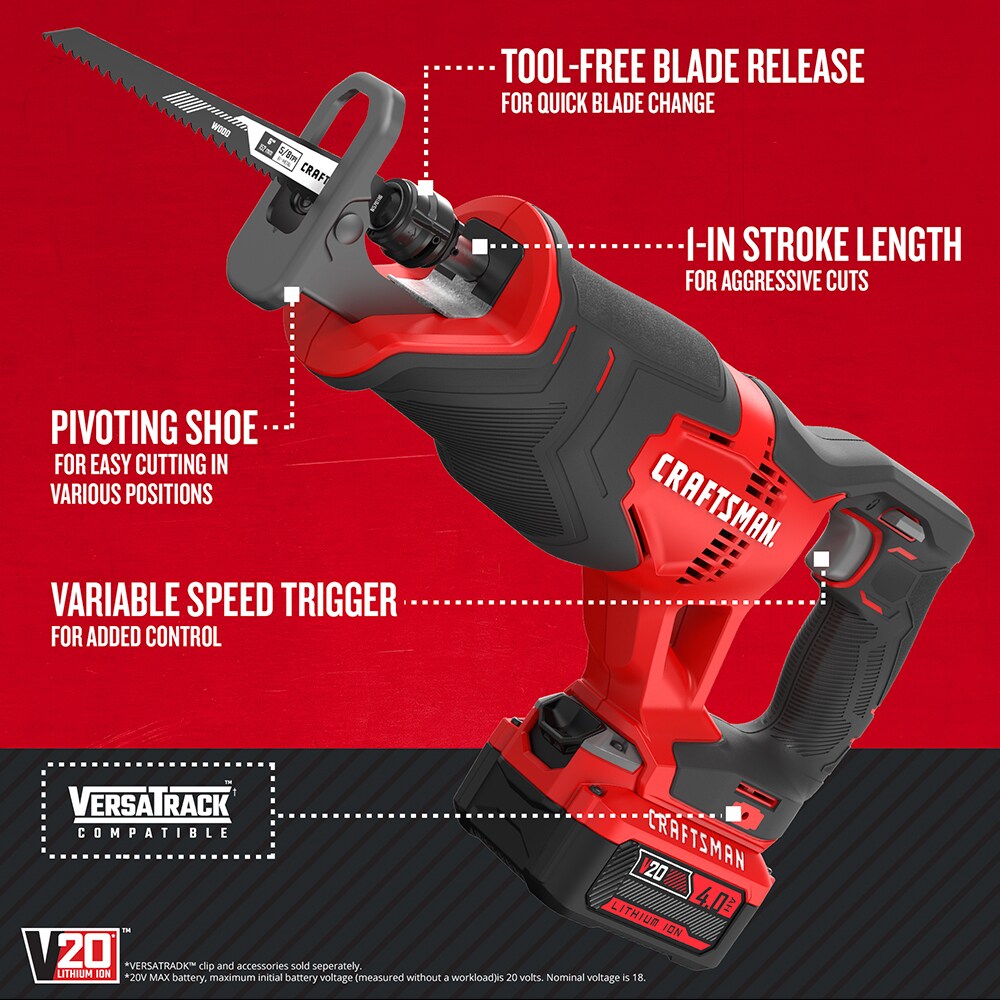 CRAFTSMAN Reciprocating Saw CMCS300M1 V20 20-volt Max Variable Speed Cordless (Charger Included and Battery Included) - Image 2