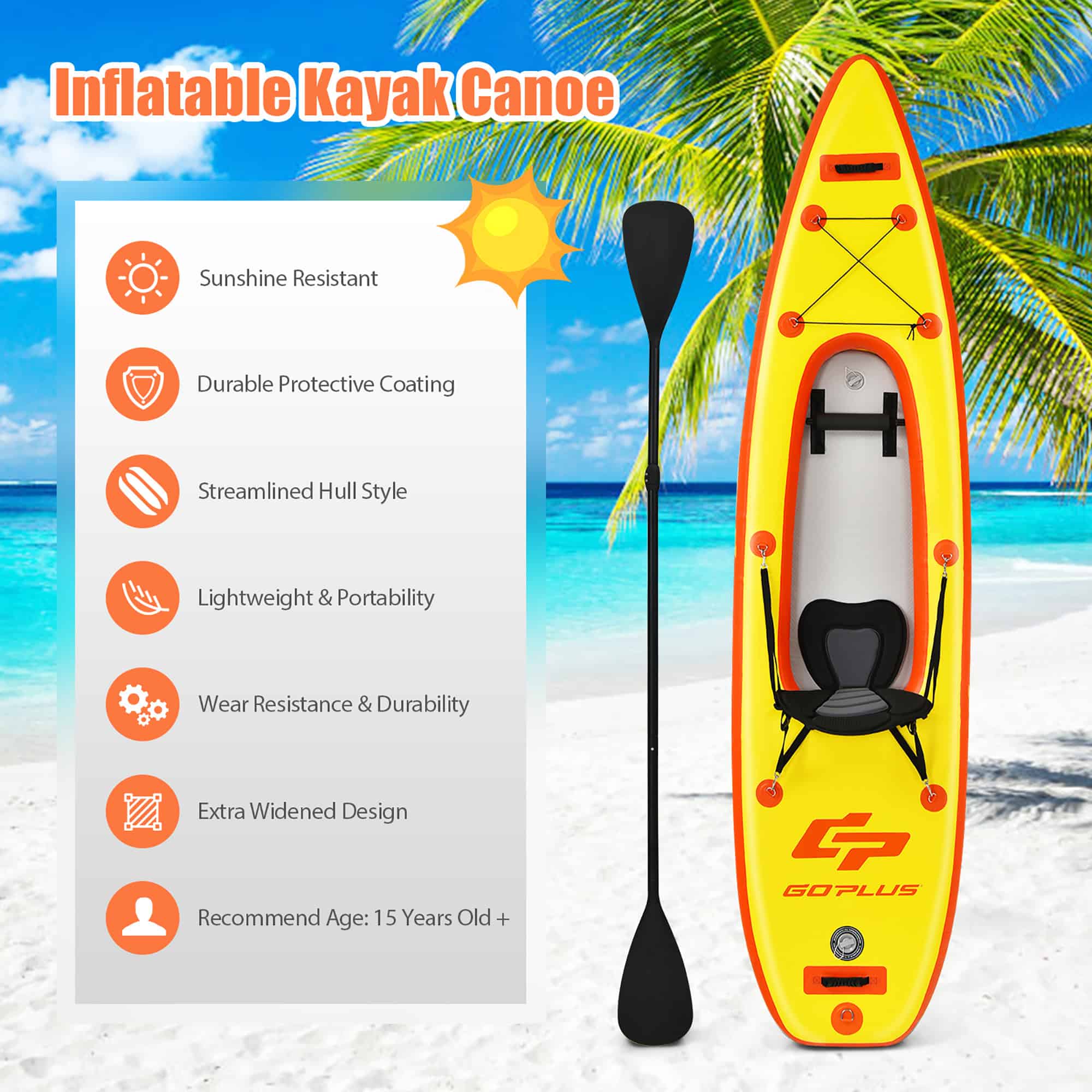 Goplus 10.8' Inflatable Kayak Set K1 1-Person Sit-On-Top Kayak with Oars Yellow